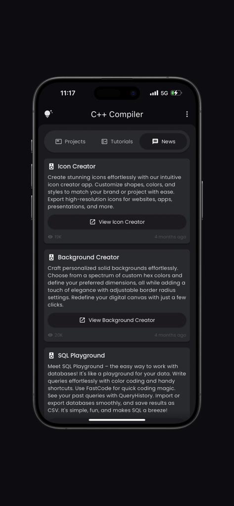 Captura de pantalla de la pestaña de noticias de la aplicación Compilador de C++ que presenta herramientas de desarrollo como SQL Playground y Icon Creator.