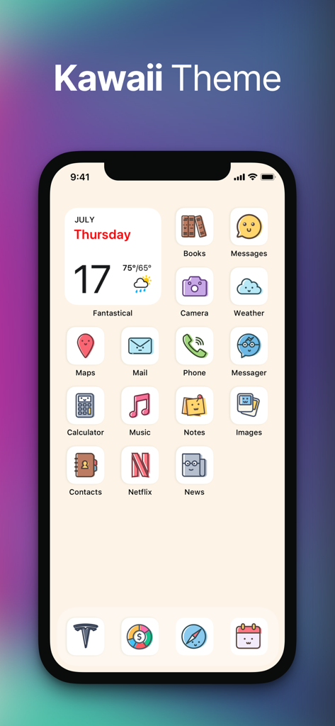 App Icons Customizer - Themes - Pantalla de inicio de iPhone con iconos de aplicaciones personalizados con tema Kawaii y widgets estéticos.