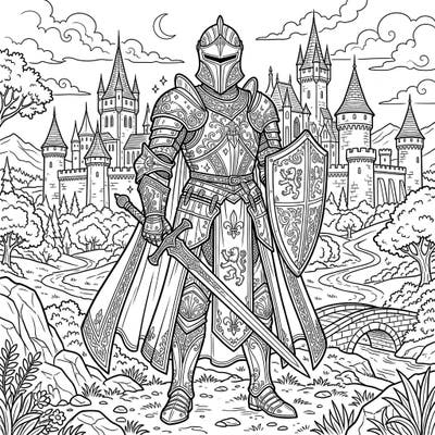 Step into a world of medieval grandeur with this stunning Gothic Knight coloring page, set against a magnificent full-scene castle backdrop. Dive into intricate details of ornate armor, towering spires, and a fantastical landscape, promising hours of engaging creative expression.