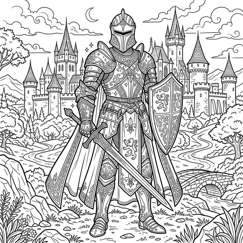 Step into a world of medieval grandeur with this stunning Gothic Knight coloring page, set against a magnificent full-scene castle backdrop. Dive into intricate details of ornate armor, towering spires, and a fantastical landscape, promising hours of engaging creative expression.