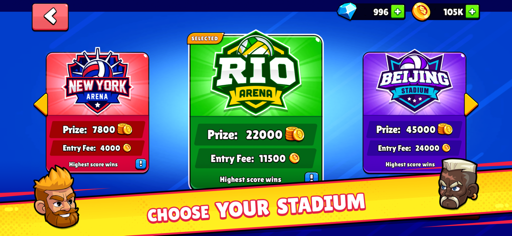 Volleyball Arena: Spike Hard - In-game stadium selection menu featuring New York Rio and Beijing arenas with entry fees and prizes