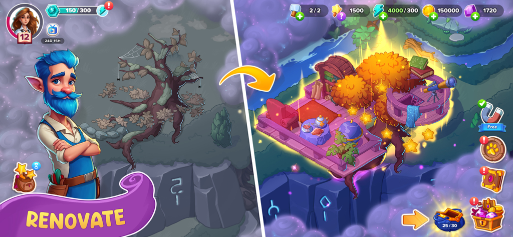 Uma comparação antes e depois mostrando uma árvore morta transformada em uma casa na árvore mágica colorida