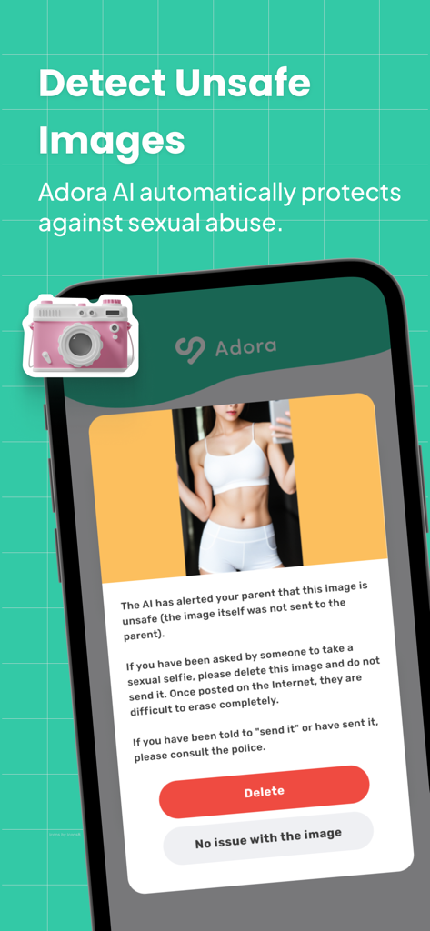 Adora - Parental Control - Adora app interface showing AI detection of an unsafe image with a notification and delete button on a smartphone.