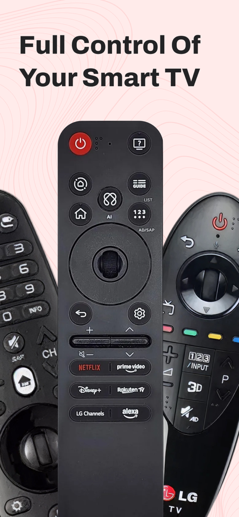 Three different models of LG Smart TV physical remote controls with text stating full control of your smart tv
