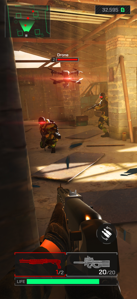 HEADSHOT INC. - Jugabilidad de tiro táctico en primera persona en HEADSHOT INC con una escopeta apuntando a enemigos y un dron.