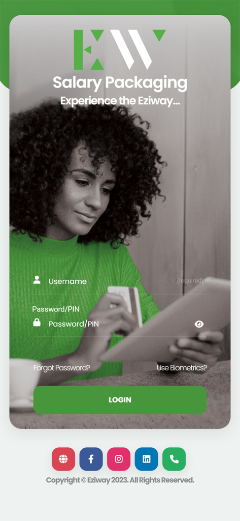 MyEziwayAccount - Login screen for the MyEziwayAccount salary packaging mobile application