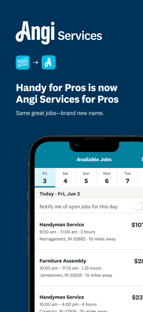 Angi Services for Pros app interface showing available home service jobs.