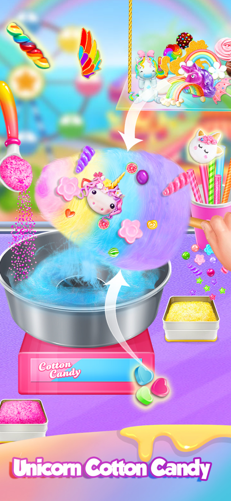 Carnival Unicorn Fair Food - Gameplay screen of a colorful unicorn cotton candy maker showing rainbow candy being decorated with unicorn charms