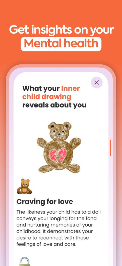Psychology art test in the Antistress LINA app showing mental health insights for an inner child drawing