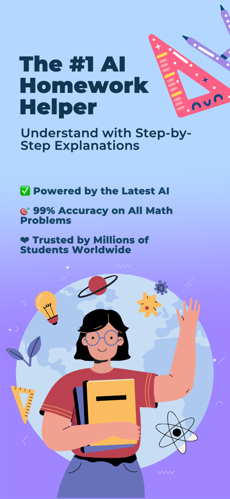 Promotional graphic for Mathly AI Homework Helper featuring a student illustration and key features like step-by-step explanations and high accuracy.