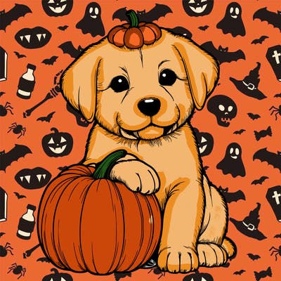 a realistic puppywith a pumpkin on his head