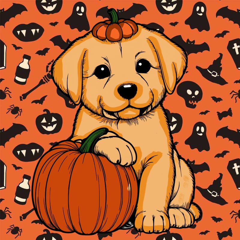 a realistic puppywith a pumpkin on his head