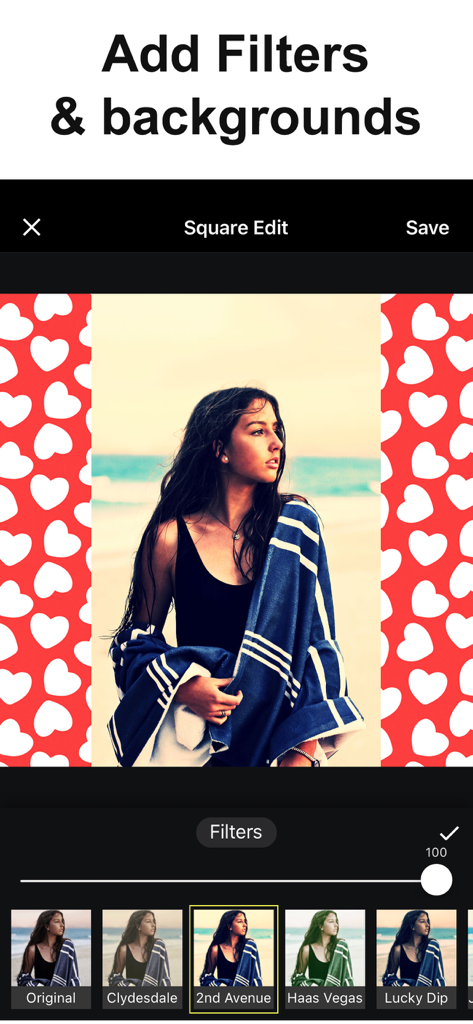 사진 크기 조절을 위한 사진 필터와 장식적인 하트 배경을 보여주는 앱 인터페이스