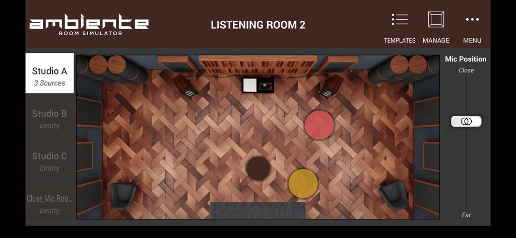 Ambiente Room Simulator - User interface of Ambiente Room Simulator showing a top down view of a virtual studio with sound source positioning and microphone controls