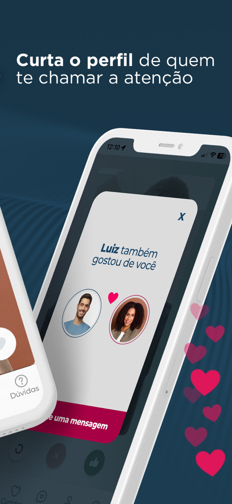 두 개의 프로필 사진과 분홍색 하트 아이콘이 있는 상호 매치 알림을 보여주는 모바일 앱 화면.