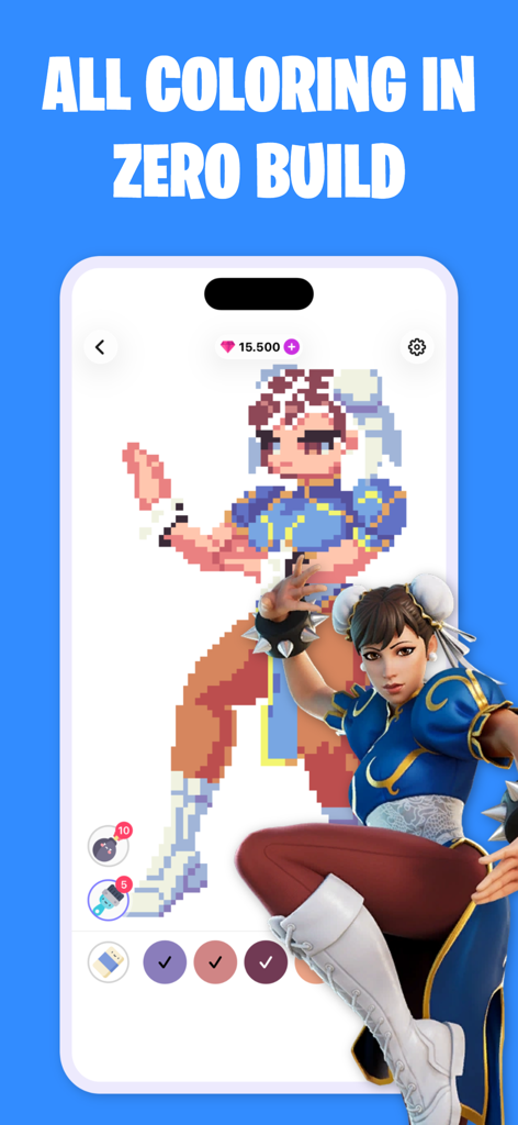 Pixelnite for Fortnite - A mobile app screen of Pixelnite showing a pixel art coloring interface for a Fortnite character skin.