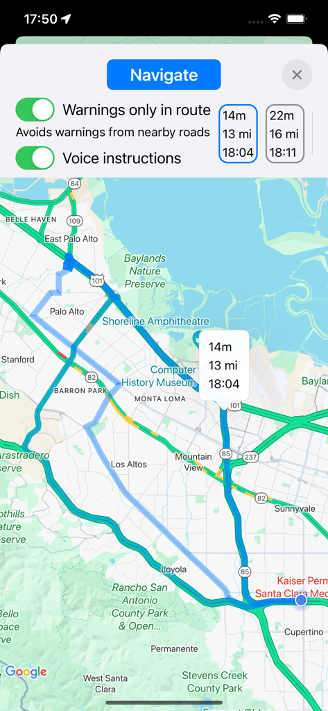 RadarAll Speed Camera Detector - Visualização do mapa de navegação no aplicativo RadarAll mostrando uma rota planejada com configurações de aviso de radar