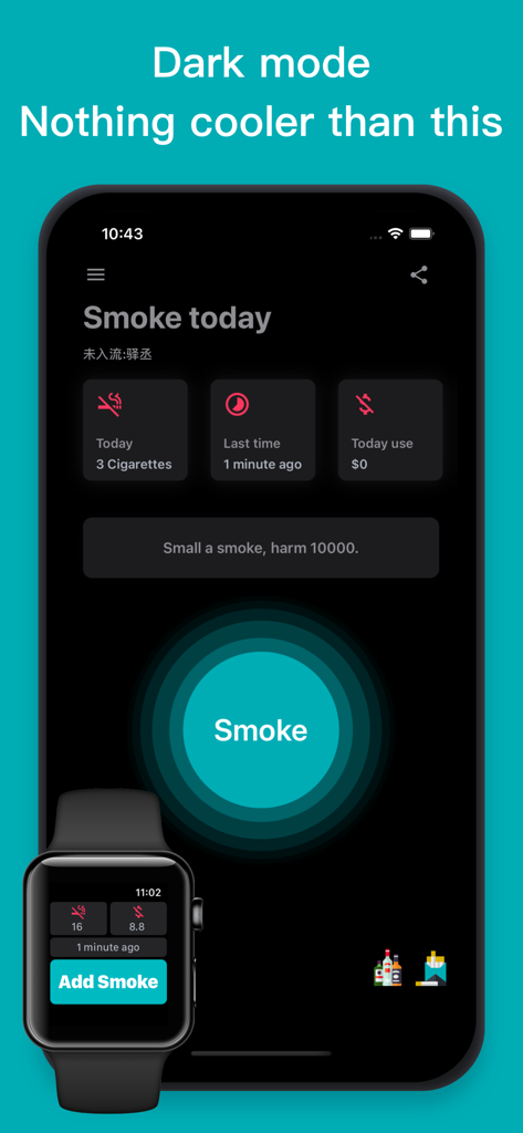 Smoke app dashboard in dark mode showing daily cigarettes smoked and money spent with Apple Watch integration