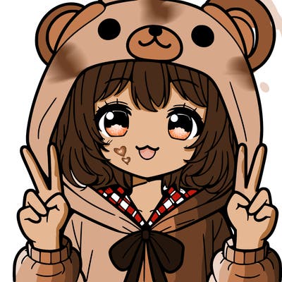 an anime girl in a kawaii bear suit holding up a peace sign