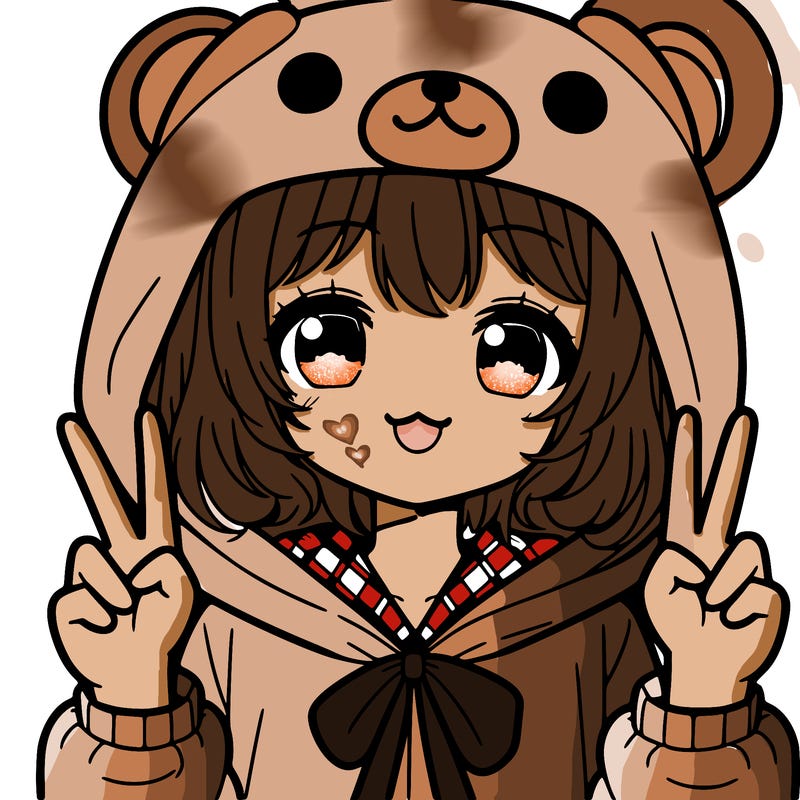 an anime girl in a kawaii bear suit holding up a peace sign