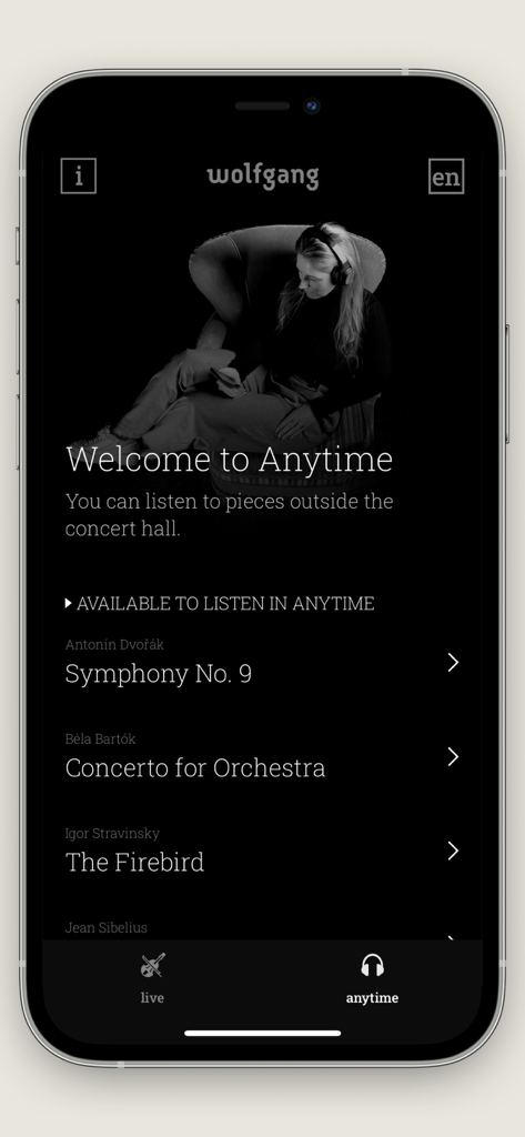 Wolfgang - WolfgangアプリのAnytime画面に、コンサートホール外でのリスニング用のクラシック音楽作品が表示されます。