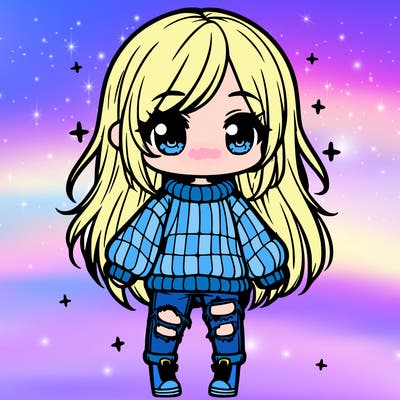 chibi girl with ripped jeans,long hair, and an oversized sweater