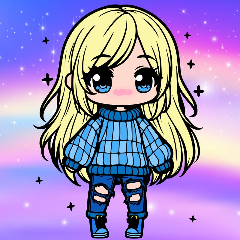 chibi girl with ripped jeans,long hair, and an oversized sweater