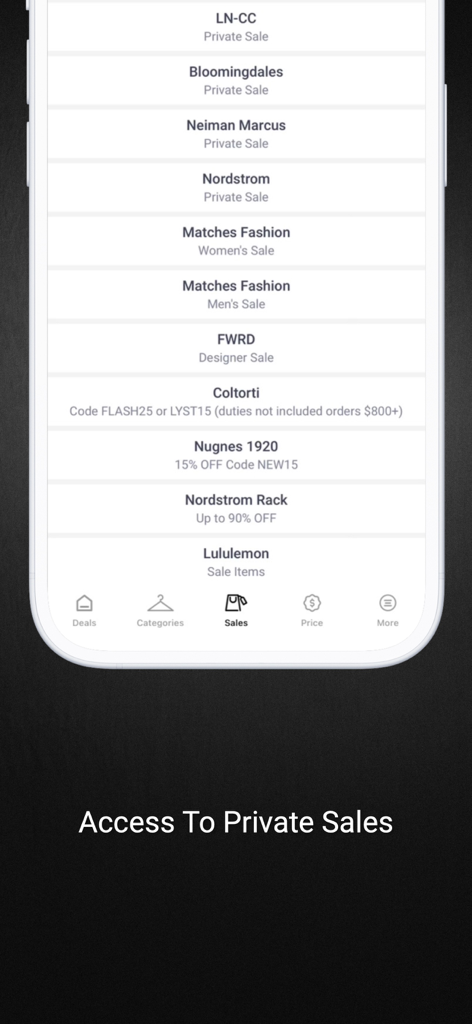 Luxe Hunt App-Oberfläche mit einer Liste von privaten Verkäufen von Luxushändlern