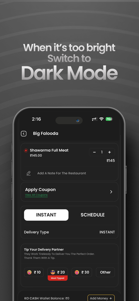 Eatiko food delivery app interface showing a checkout screen in dark mode with order details and tip options