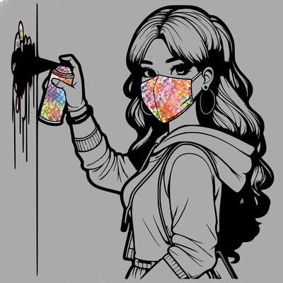 realistic girl with mask spray painting a wall