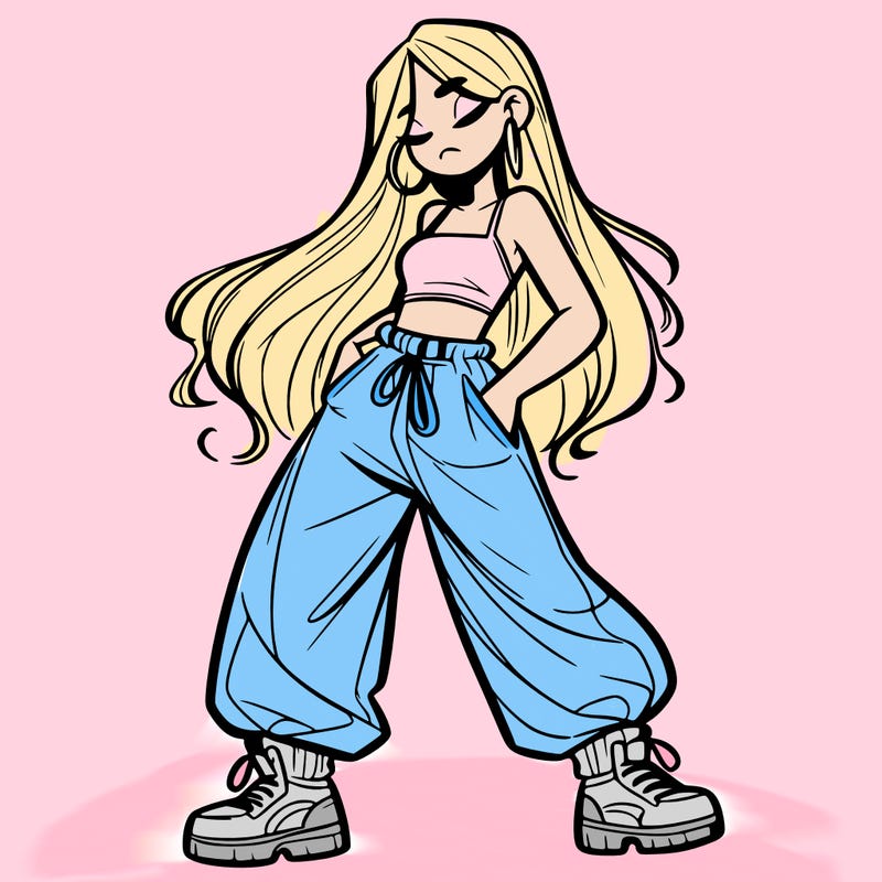 girl in baggy pants crop top and long hair