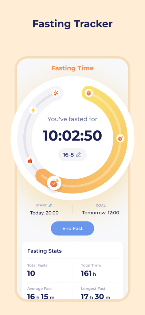 DietBuddy - AI Food Tracker - Intermittent fasting timer and progress statistics screen on the DietBuddy app.