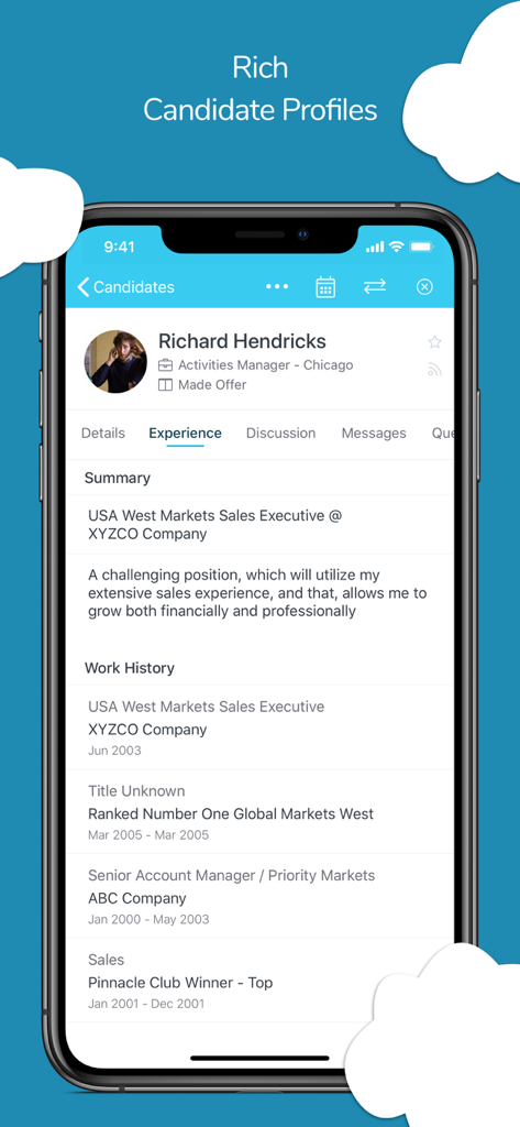 Breezy HR - Breezy HR mobile app interface showing a detailed candidate profile with work history and experience summary