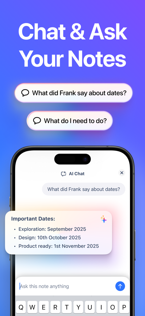 AI Chat interface in the VoicePen app showing a user asking questions and receiving summarized answers from their notes.