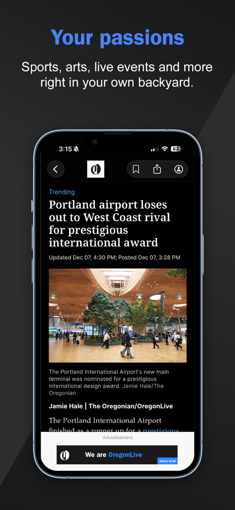 Smartphone screen displaying a news article on the OregonLive app about the Portland International Airport.