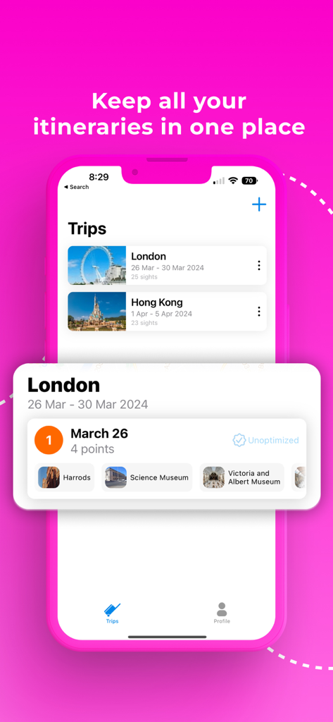 TripWise AI Travel Planner - TripWise AI Travel Planner app interface showing a list of itineraries for London and Hong Kong with a detailed daily plan.