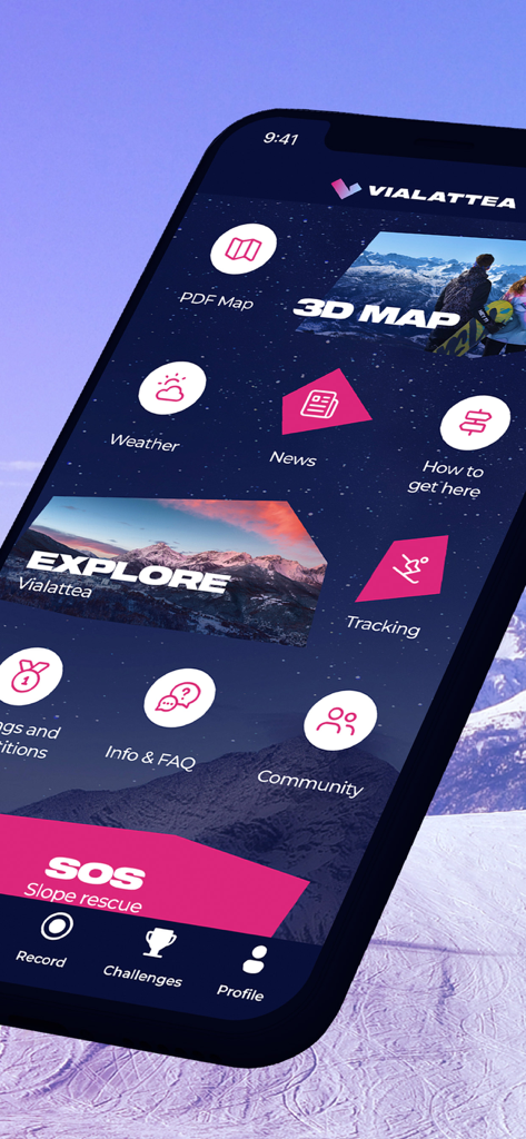 Vialattea Ski - Vialattea Ski app home screen with menu icons for maps weather tracking and SOS slope rescue