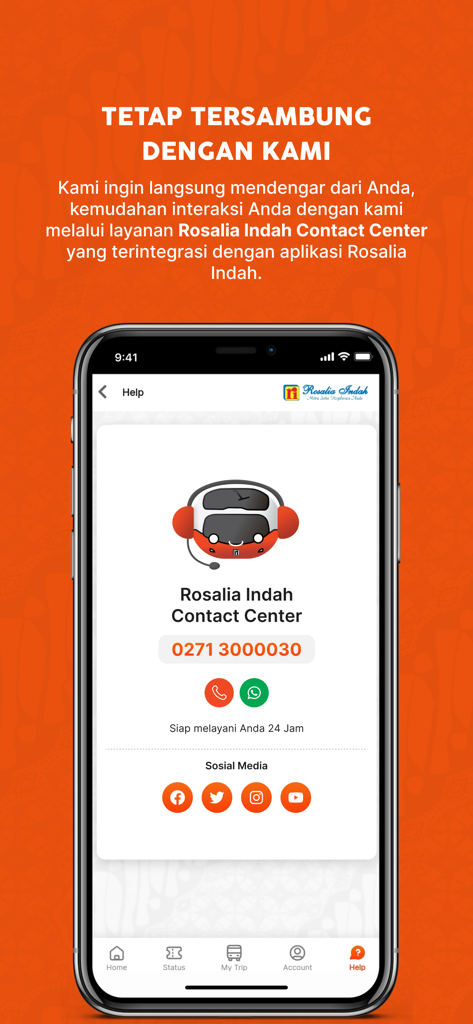 連絡先センターの電話番号とソーシャルメディアリンクが掲載されたRosalia Indahモバイルアプリのカスタマーサポートヘルプ画面。