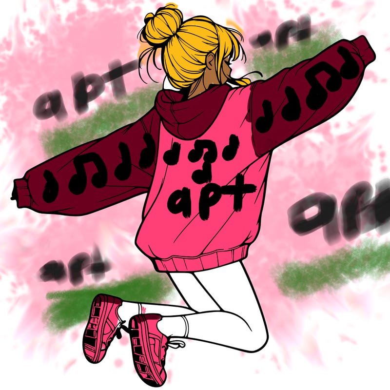 realistic girl jumping with a bun and oversized sweatshirt