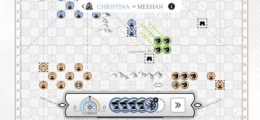 Kriegspiel - Interfaz de mapa táctico de Kriegspiel mostrando la posición de las unidades y las opciones de combate en un tablero de cuadrícula.