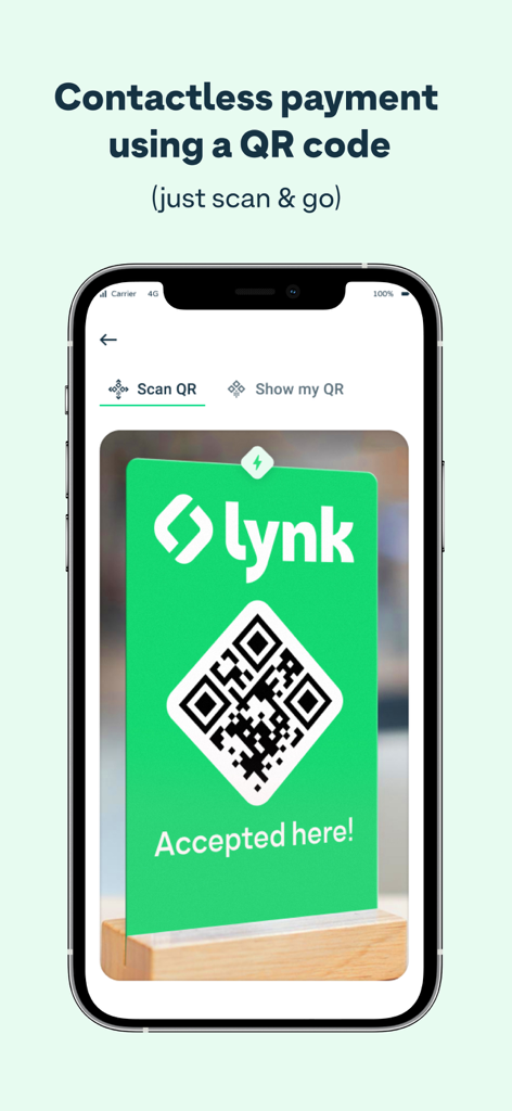 Lynk - Digital Payments - A smartphone displaying the Lynk app interface for scanning a QR code to make a contactless payment