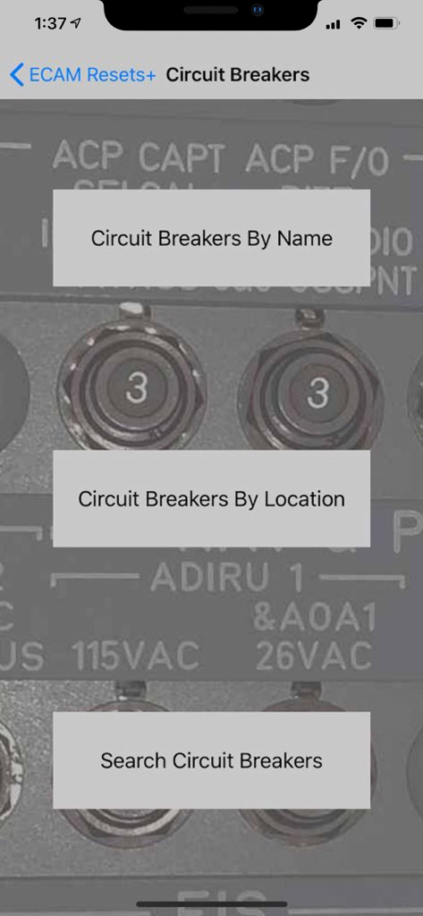 Airbus ECAM Resets+ - Airbus ECAM Resets app circuit breaker selection menu