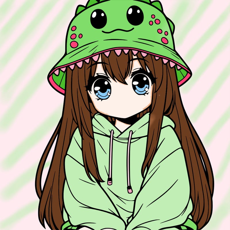 girl with anime shaped eyes with a dinosaur bucket hat oversized sweatshirt long straight hair