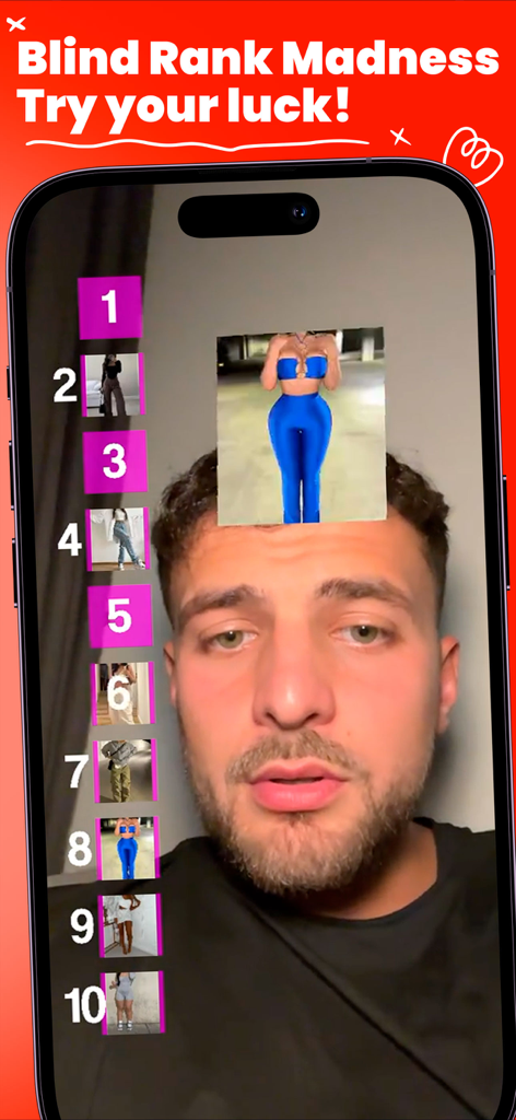 A man using a blind ranking filter on a smartphone to rank different outfit choices