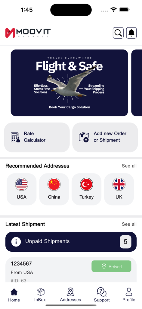 Moovit Express app dashboard showing global shipping options and shipment tracking