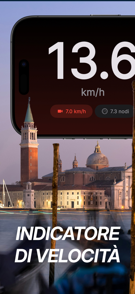 VeVè - Aplicación VeVe mostrando el indicador de velocidad del barco en tiempo real en la laguna de Venecia