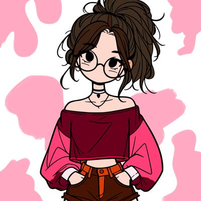 girl with a messy ponytail glasses a baggy crop top and jean shorts