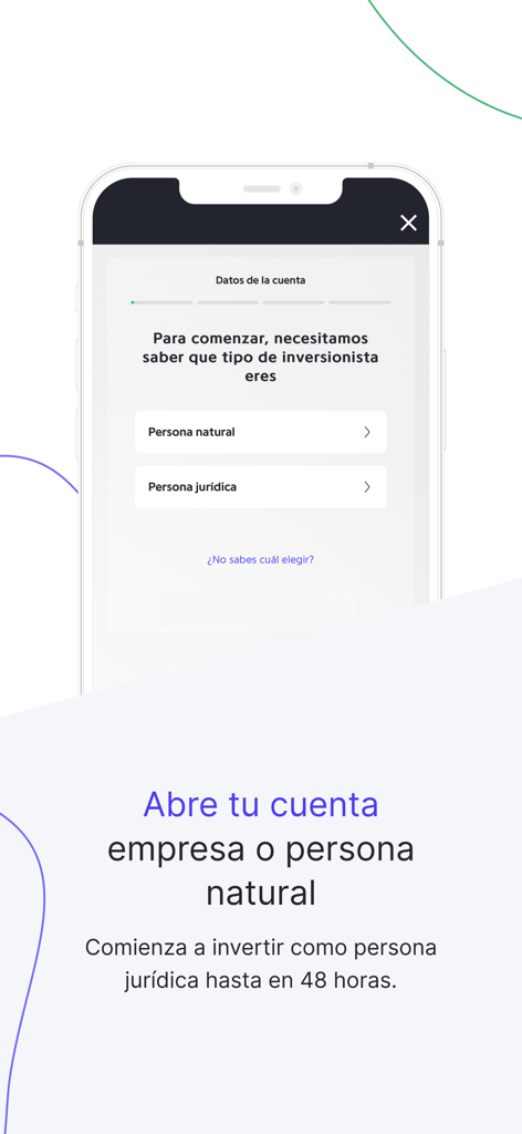 Holdo mobile app screen for choosing an individual or corporate investment account