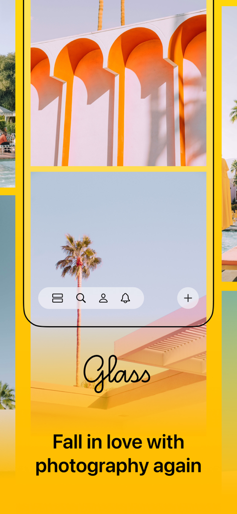 Glass app interface showcasing high-quality photography with the slogan Fall in love with photography again on a vibrant yellow background.