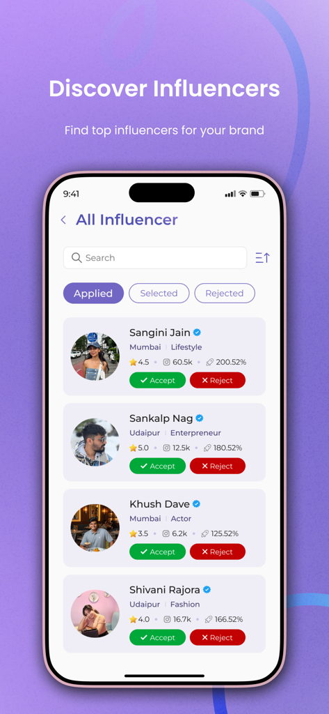 Influish: Influencer Marketing - ブランドが雇用するためのフォロワー数とエンゲージメント率を持つインフルエンサーのリストを示すモバイルアプリインターフェース。
